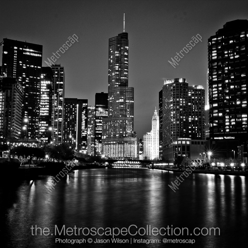 Matte Black MDF Framed Black and White Chicago Photograph: The Trump International Hotel and Tower in a Square Matte Black MDF Frame