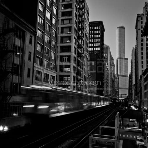 Matte Black MDF Framed Black and White Chicago Photograph: Trump Tower and an El Train at Adams and Wabash Station in a Square Matte Black MDF Frame