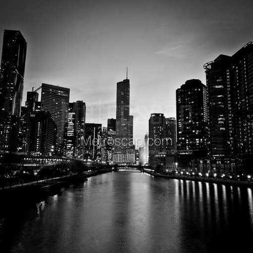 Matte Black MDF Framed Black and White Chicago Photograph: The Trump Tower Looking Down the Chicago River in a Square Matte Black MDF Frame