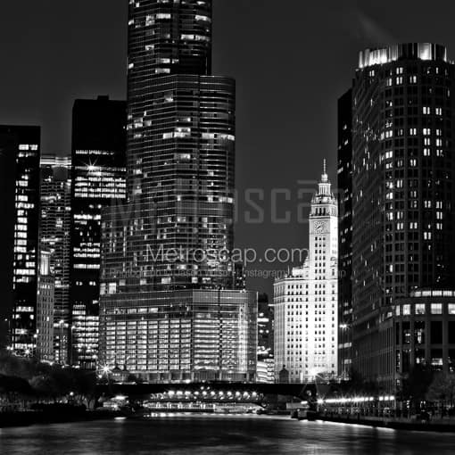 Matte Black MDF Framed Black and White Chicago Photograph: Trump Tower and Wrigley Building from Lakeshore Drive in a Square Matte Black MDF Frame