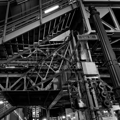 Matte Black MDF Framed Black and White Chicago Photograph: Underneath the Lake and State El Station in a Square Matte Black MDF Frame