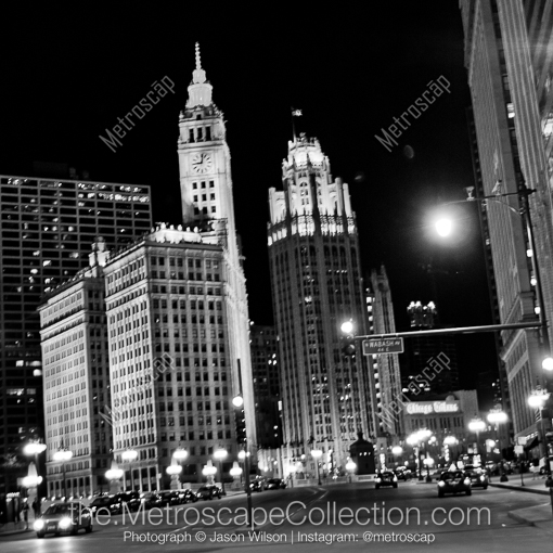 Matte Black MDF Framed Black and White Chicago Photograph: Upper Wacker Drive in a Square Matte Black MDF Frame
