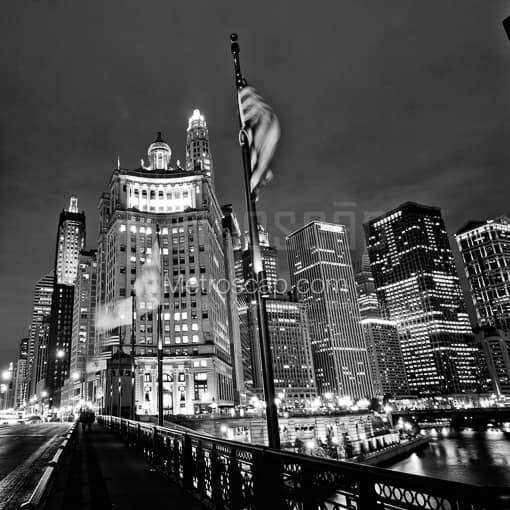 Matte Black MDF Framed Black and White Chicago Photograph: Wacker Drive and Michigan Avenue at Night in a Square Matte Black MDF Frame