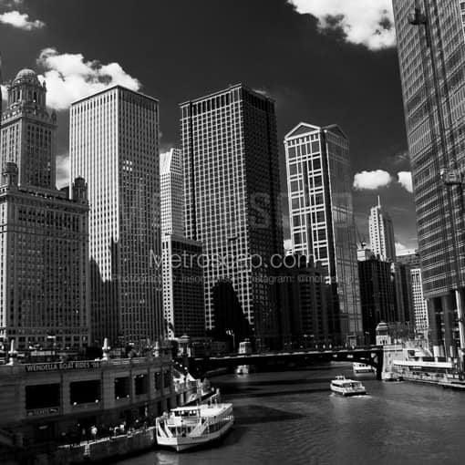 Matte Black MDF Framed Black and White Chicago Photograph: The Wendella Boat Tours Load Up for another Architectural Tour on the Chicago River in a Square Matte Black MDF Frame
