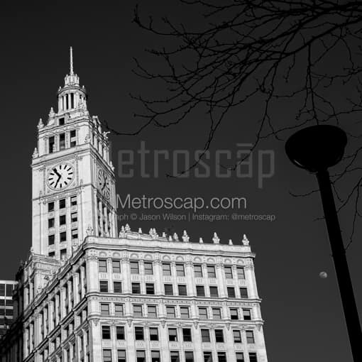 Matte Black MDF Framed Black and White Chicago Photograph: 6:54pm on the Wrigley Building in a Square Matte Black MDF Frame