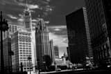 Wrigley Tribune Buildings Whispy Sky Black and White Horizontal Wrigley Tribune Buildings Whispy Sky black and white