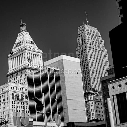 Matte Black MDF Framed Black and White Cincinnati Photograph: Carew Tower and PNC Tower in a Square Matte Black MDF Frame