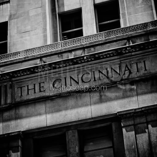 Matte Black MDF Framed Black and White Cincinnati Photograph: Cincinnati Engraving in a Square Matte Black MDF Frame