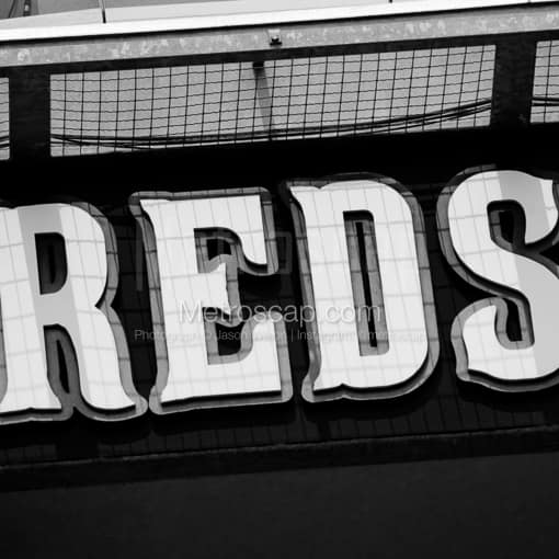 Matte Black MDF Framed Black and White Cincinnati Photograph: The Cincinnati Reds Sign in Great American Ballpark in a Square Matte Black MDF Frame