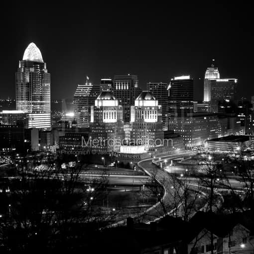 Matte Black MDF Framed Black and White Cincinnati Photograph: The New Cincinnati Skyline from Mt Adams in a Square Matte Black MDF Frame
