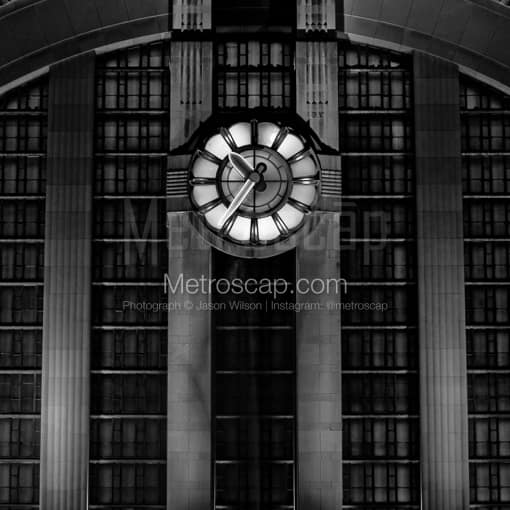 Matte Black MDF Framed Black and White Cincinnati Photograph: The Wilson Clock on the Cincinnati Museum Center in a Square Matte Black MDF Frame