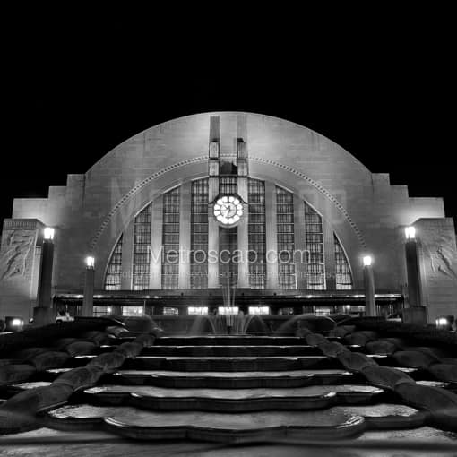 Matte Black MDF Framed Black and White Cincinnati Photograph: Cincinnati Union Terminal in a Square Matte Black MDF Frame