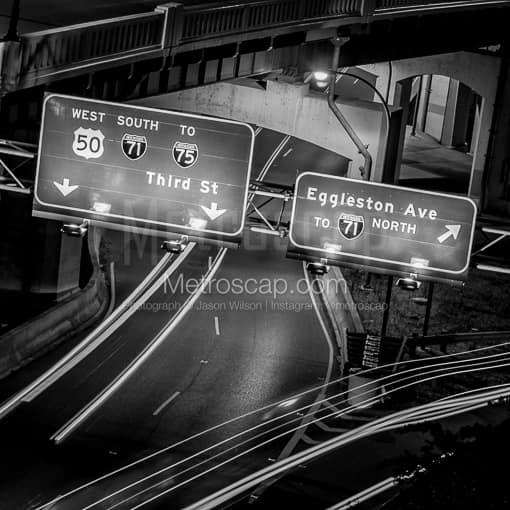 Matte Black MDF Framed Black and White Cincinnati Photograph: Traffic at the exit to Egglston Ave and Third Street from Columbia Parkway in a Square Matte Black MDF Frame