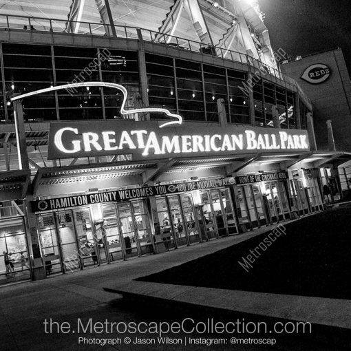 Matte Black MDF Framed Black and White Cincinnati Photograph: Great American Ball Park Main Entrance in a Square Matte Black MDF Frame