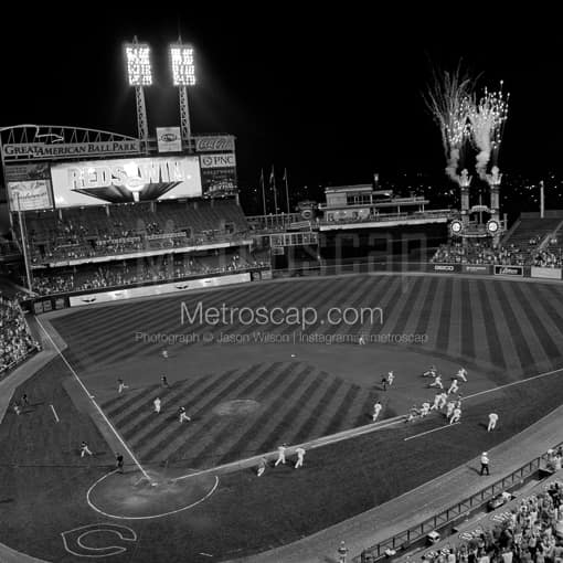 Matte Black MDF Framed Black and White Cincinnati Photograph: A Walk Off Celebration at Great American Ballpark in a Square Matte Black MDF Frame