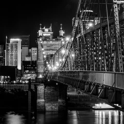 Matte Black MDF Framed Black and White Cincinnati Photograph: The Main Suspension Span of the Roebling Bridge in a Square Matte Black MDF Frame