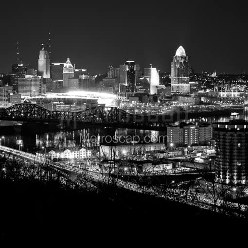 Matte Black MDF Framed Black and White Cincinnati Photograph: The New Cincinnati Skyline from Devou Park in a Square Matte Black MDF Frame