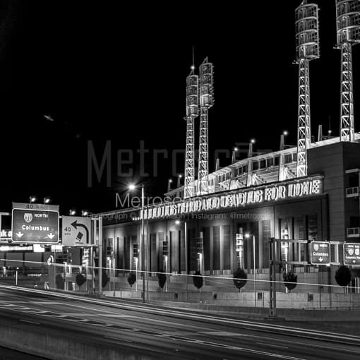 Matte Black MDF Framed Black and White Cincinnati Photograph: Great American Ballpark's Joe Nuxhall Quote in a Square Matte Black MDF Frame