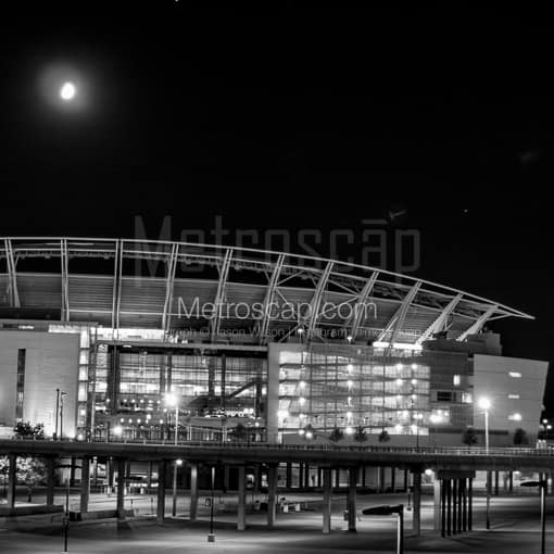 Matte Black MDF Framed Black and White Cincinnati Photograph: Paul Brown Stadium Under a Nearly Full Moon in a Square Matte Black MDF Frame