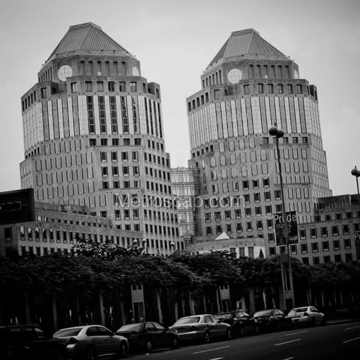 Matte Black MDF Framed Black and White Cincinnati Photograph: The Proctor and Gamble Buildings from Broadway in a Square Matte Black MDF Frame