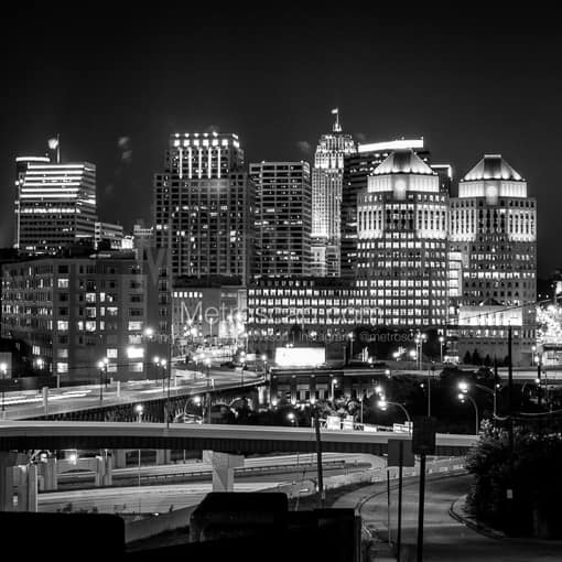 Matte Black MDF Framed Black and White Cincinnati Photograph: The P-G Buildings off I-71 in a Square Matte Black MDF Frame