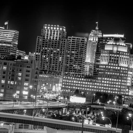 Matte Black MDF Framed Black and White Cincinnati Photograph: The Proctor and Gamble Buildings on a Tilted Angle in a Square Matte Black MDF Frame