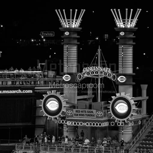Matte Black MDF Framed Black and White Cincinnati Photograph: The Riverboat Smoke Stacks in GABP in a Square Matte Black MDF Frame
