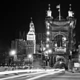 Roebling Bridge Cincinnati Skyline Night Black and White Square Roebling Bridge Cincinnati Skyline Night black and white