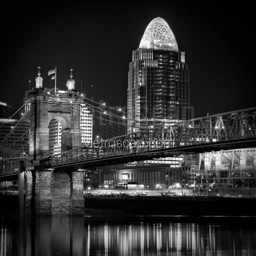 Matte Black MDF Framed Black and White Cincinnati Photograph: The Roebling Bridge and New Queen City Tower in a Square Matte Black MDF Frame