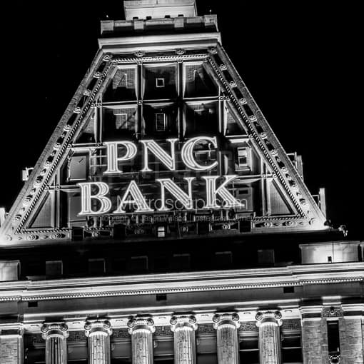 Matte Black MDF Framed Black and White Cincinnati Photograph: The Top of the PNC Bank Building in Cincinnati in a Square Matte Black MDF Frame