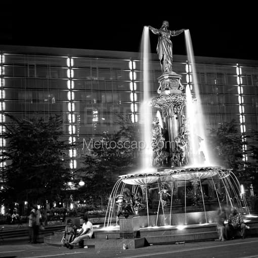 Matte Black MDF Framed Black and White Cincinnati Photograph: The Tyler Davidson Fountain in Fountain Square in a Square Matte Black MDF Frame