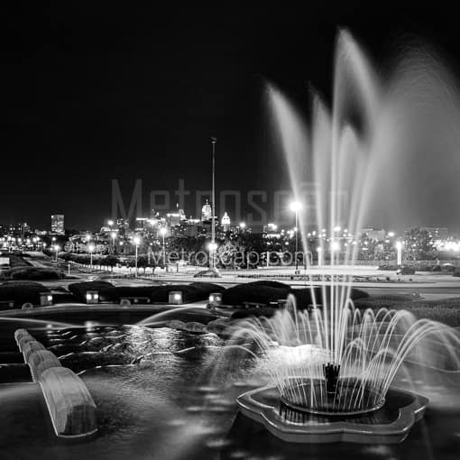 Matte Black MDF Framed Black and White Cincinnati Photograph: The Union Terminal Fountains in a Square Matte Black MDF Frame