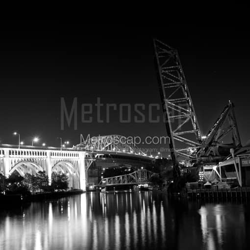 Matte Black MDF Framed Black and White Cleveland Photograph: The Bascule Bridge on the South Bank of the Cuyahoga River in a Square Matte Black MDF Frame
