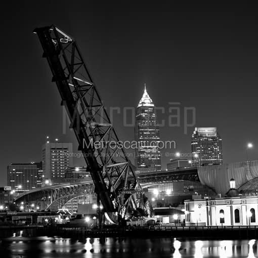 Matte Black MDF Framed Black and White Cleveland Photograph: The Cleveland Skyline from Whiskey Island in a Square Matte Black MDF Frame