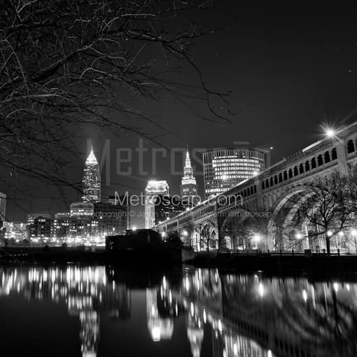 Matte Black MDF Framed Black and White Cleveland Photograph: The Cleveland Skyline in a Square Matte Black MDF Frame
