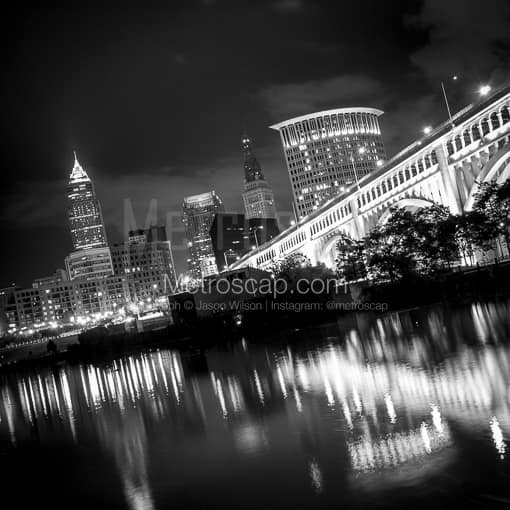 Matte Black MDF Framed Black and White Cleveland Photograph: The Cleveland Skyline on a Tilted Angle in a Square Matte Black MDF Frame