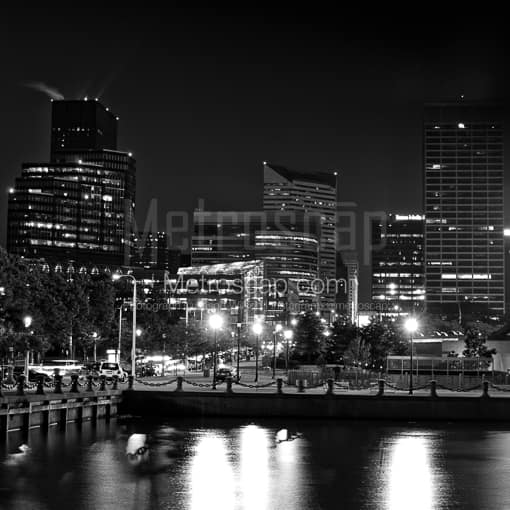 Matte Black MDF Framed Black and White Cleveland Photograph: The Cleveland Skyline without the Rock and Roll Hall of Fame in a Square Matte Black MDF Frame