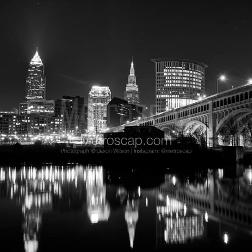 Matte Black MDF Framed Black and White Cleveland Photograph: The Cleveland Skyline with Illuminated Terminal Tower in a Square Matte Black MDF Frame
