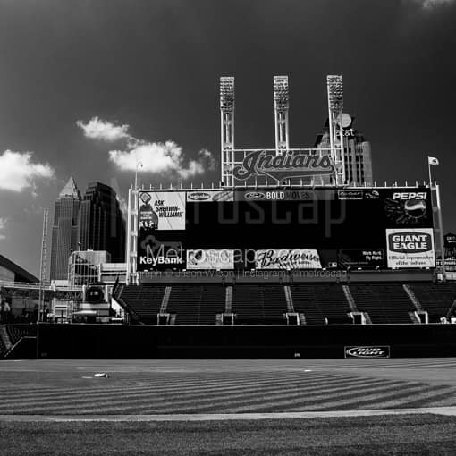 Matte Black MDF Framed Black and White Cleveland Photograph: Jacobs Field from the First Base Dugout in a Square Matte Black MDF Frame
