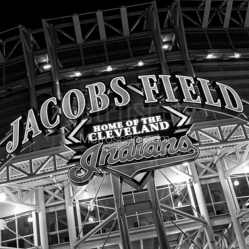 Matte Black MDF Framed Black and White Cleveland Photograph: The Jacobs Field Sign in a Square Matte Black MDF Frame