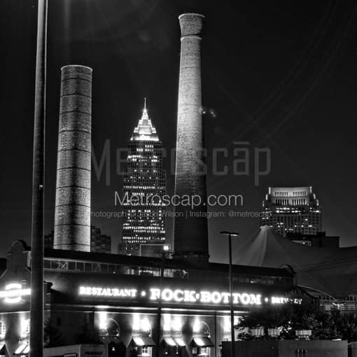 Matte Black MDF Framed Black and White Cleveland Photograph: The Key Bank Building is Framed by Smoke Stacks from the Rock Bottom Brewery in a Square Matte Black MDF Frame