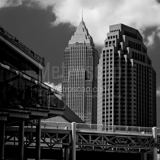 Matte Black MDF Framed Black and White Cleveland Photograph: The Key Bank Building and 200 Public Square Building from Jacobs Field in a Square Matte Black MDF Frame