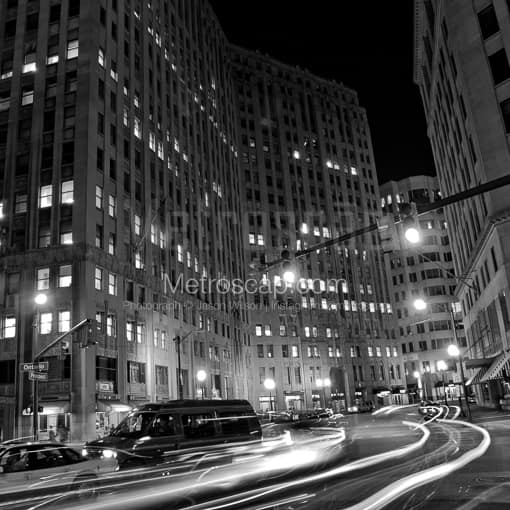 Matte Black MDF Framed Black and White Cleveland Photograph: Traffic at Prospect and Ontario in Downtown Cleveland in a Square Matte Black MDF Frame