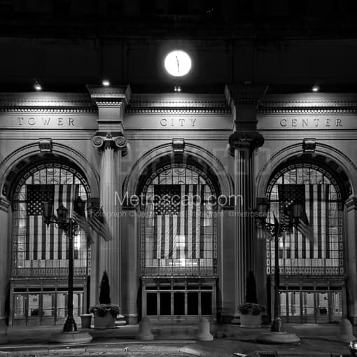 Matte Black MDF Framed Black and White Cleveland Photograph: The Tower City Center Entrance Facing Public Square in a Square Matte Black MDF Frame