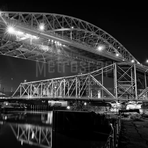 Matte Black MDF Framed Black and White Cleveland Photograph: The Veterans Memorial Bridge in a Square Matte Black MDF Frame