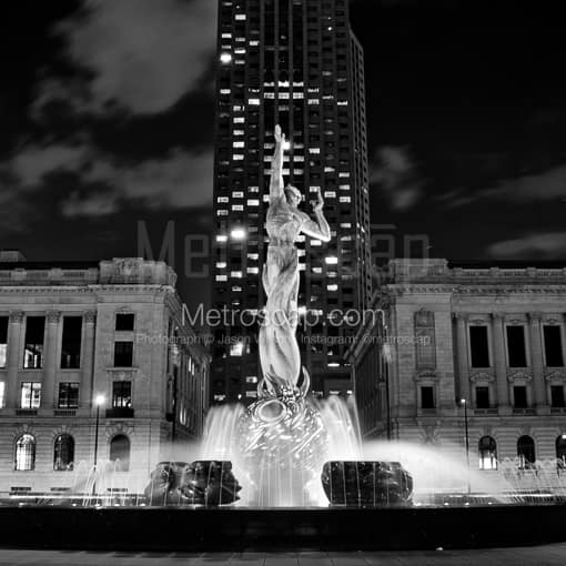 Matte Black MDF Framed Black and White Cleveland Photograph: The War Memorial Fountain Outside of the Key Bank Building in Cleveland in a Square Matte Black MDF Frame