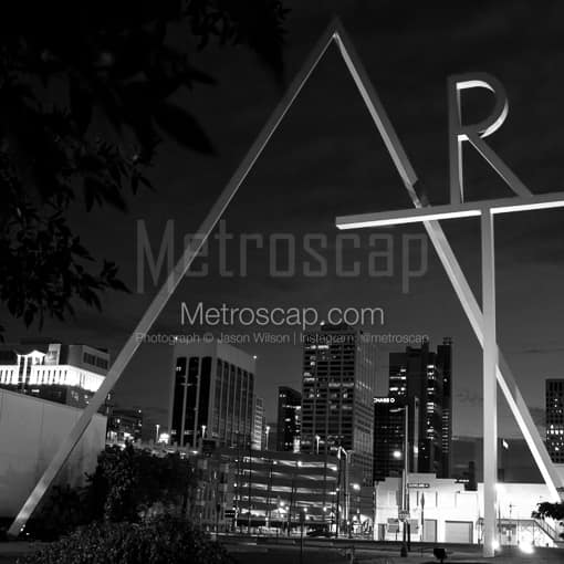 Matte Black MDF Framed Black and White Columbus Photograph: The CCAD ART Sculpture over Gay St in a Square Matte Black MDF Frame