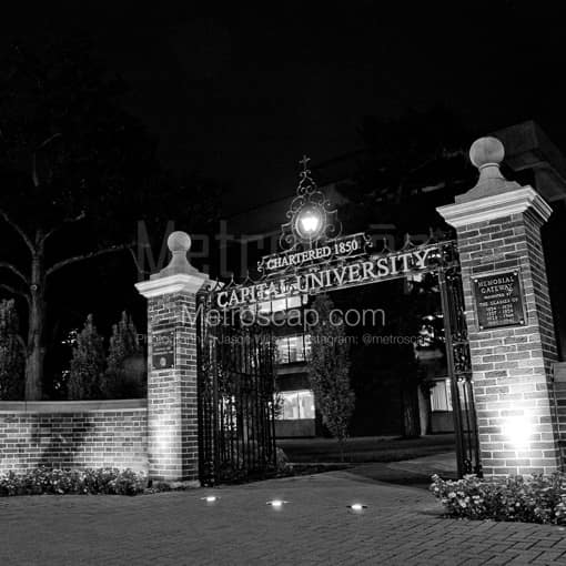 Matte Black MDF Framed Black and White Columbus Photograph: The Capital University Memorial Gateway in a Square Matte Black MDF Frame