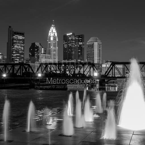 Matte Black MDF Framed Black and White Columbus Photograph: The Columbus Skyline from Northbank Park in a Square Matte Black MDF Frame