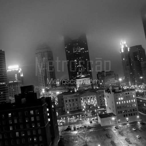 Matte Black MDF Framed Black and White Columbus Photograph: The Columbus Skyline Blanketed in Fog in a Square Matte Black MDF Frame
